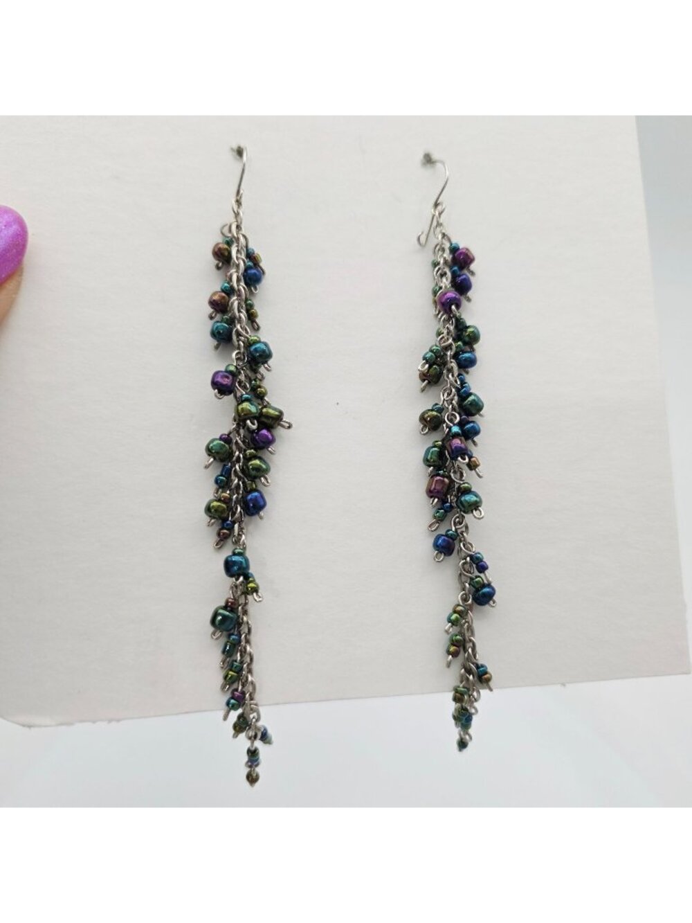 Handmade Dangle Earrings With Multicolor Glass Beads On Silver-Tone Chain 4.5"